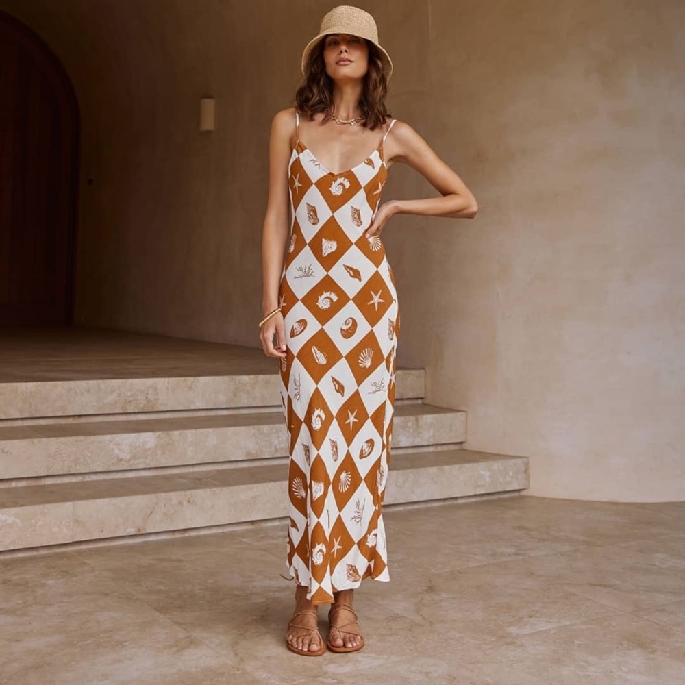 Dissh Mele Tangerine Shell Printed Midi V-Neck Tank Novelty Slip Dress size US 8